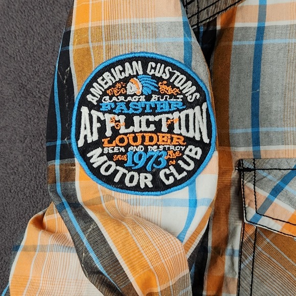 Affliction Black Premium Buckle Western Shirt Mens XL Slim Orange Black Plaid - Picture 3 of 11